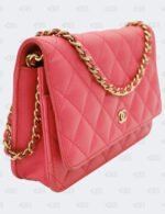 Chanel Coral Red Quilted Caviar Classic Wallet On Chain