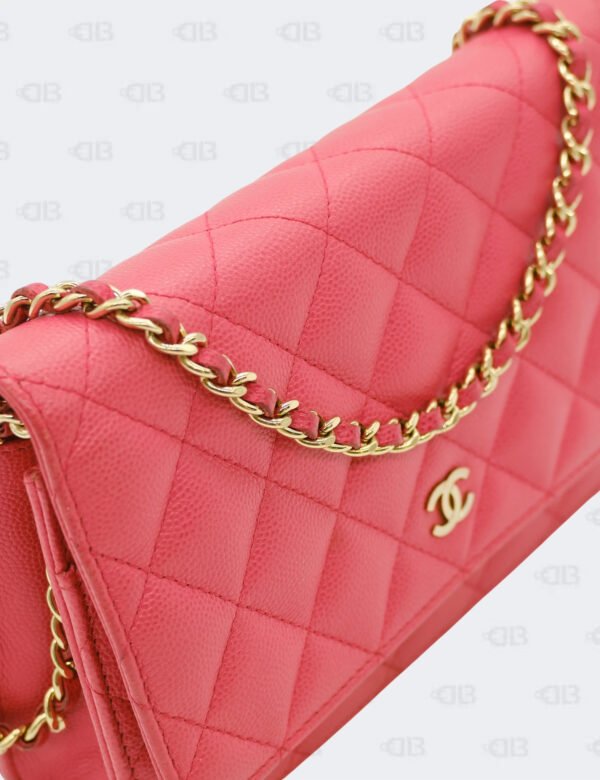 Chanel Coral Red Quilted Caviar Classic Wallet On Chain