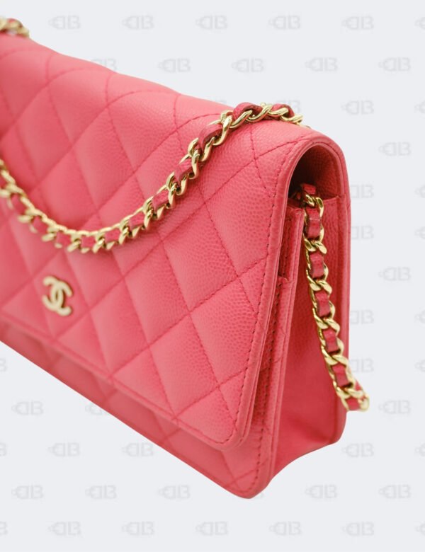 Chanel Coral Red Quilted Caviar Classic Wallet On Chain