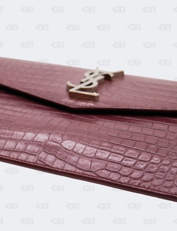 Ysl Burgundy Uptown Clutch In Croco - Embossed Leather