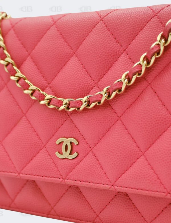 Chanel Coral Red Quilted Caviar Classic Wallet On Chain