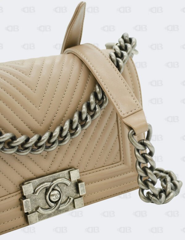 Chanel Beige Chevron Lambskin Leather Small Boy Flap Bag