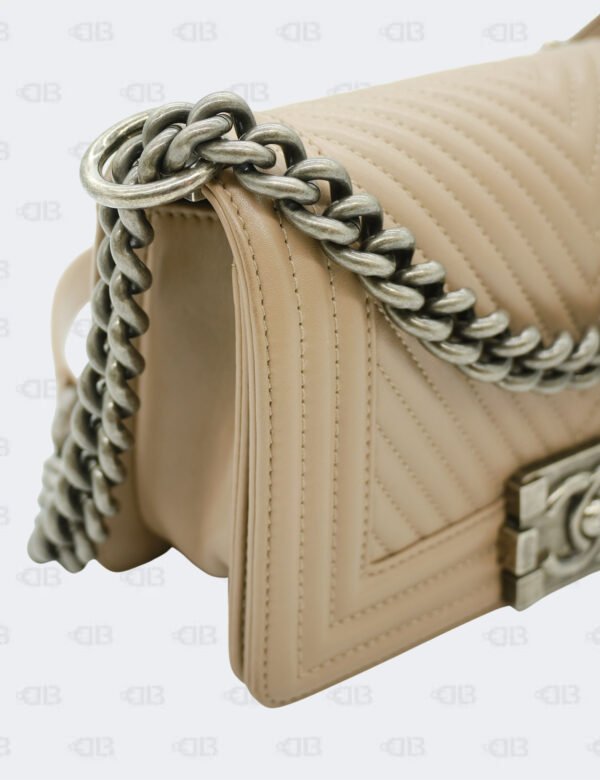 Chanel Beige Chevron Lambskin Leather Small Boy Flap Bag