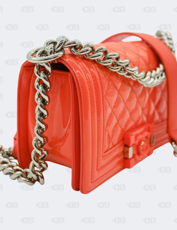 Chanel Orange Quilted Patent Leather Small Boy Flap Bag
