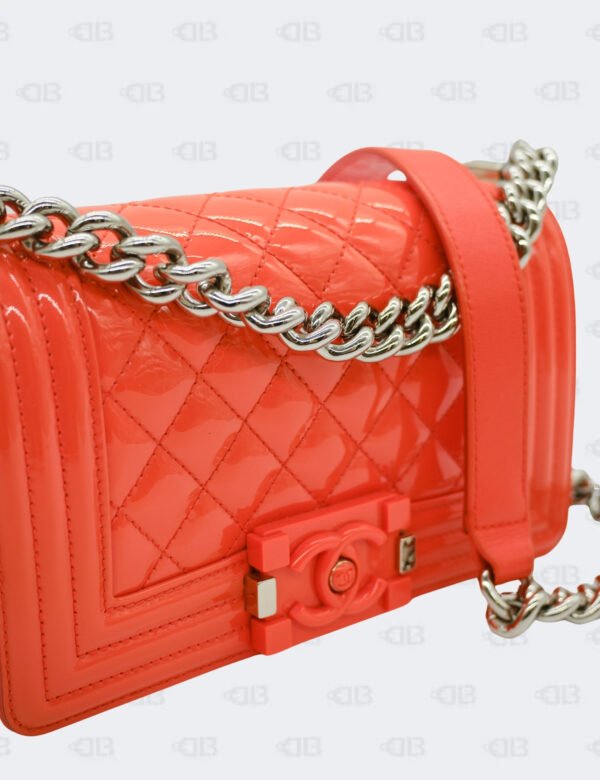 Chanel Orange Quilted Patent Leather Small Boy Flap Bag