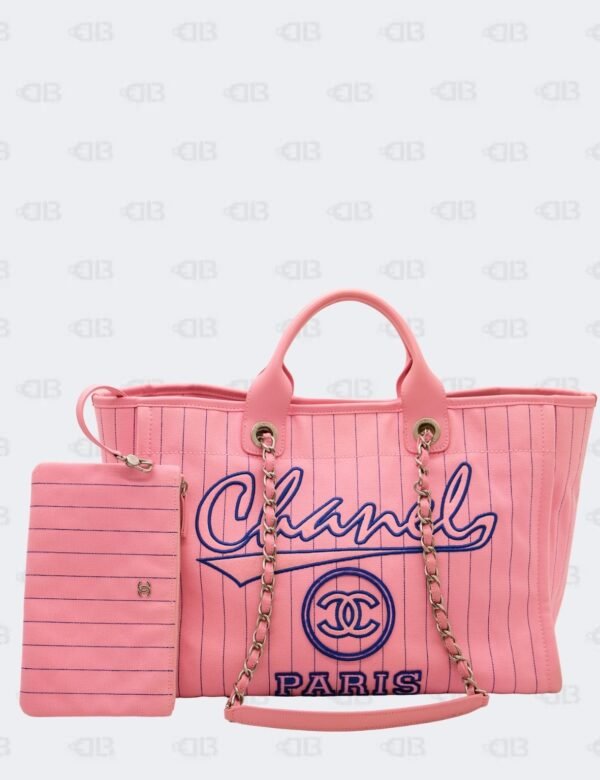 Chanel Pink Large Deauville Canvas with Blue Striped Tote Bag