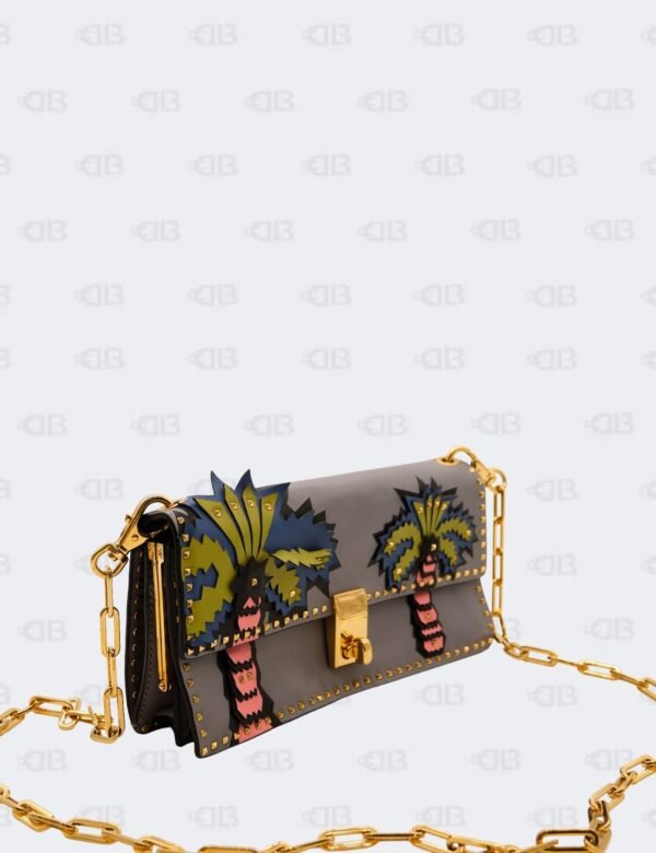 Valentino Garavani Grey Leather Appliques Gold Micro Rockstud Crossbody Bag