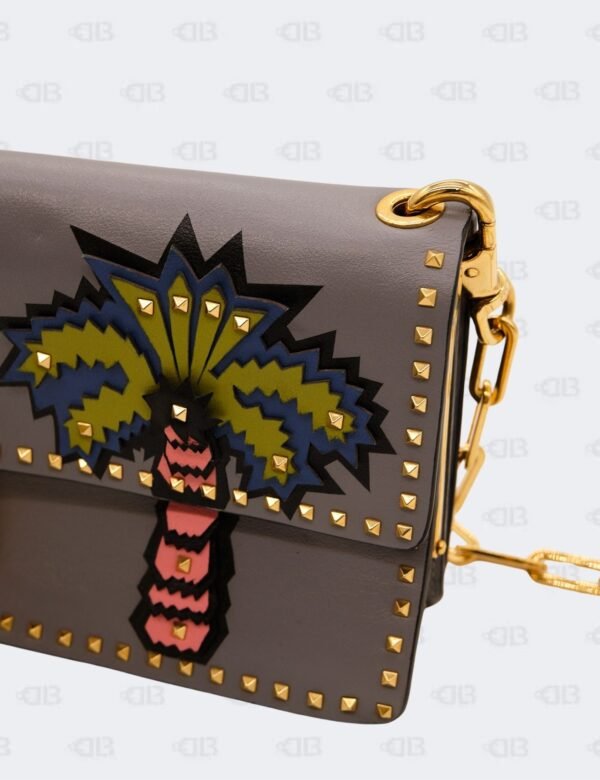Valentino Garavani Grey Leather Appliques Gold Micro Rockstud Crossbody Bag