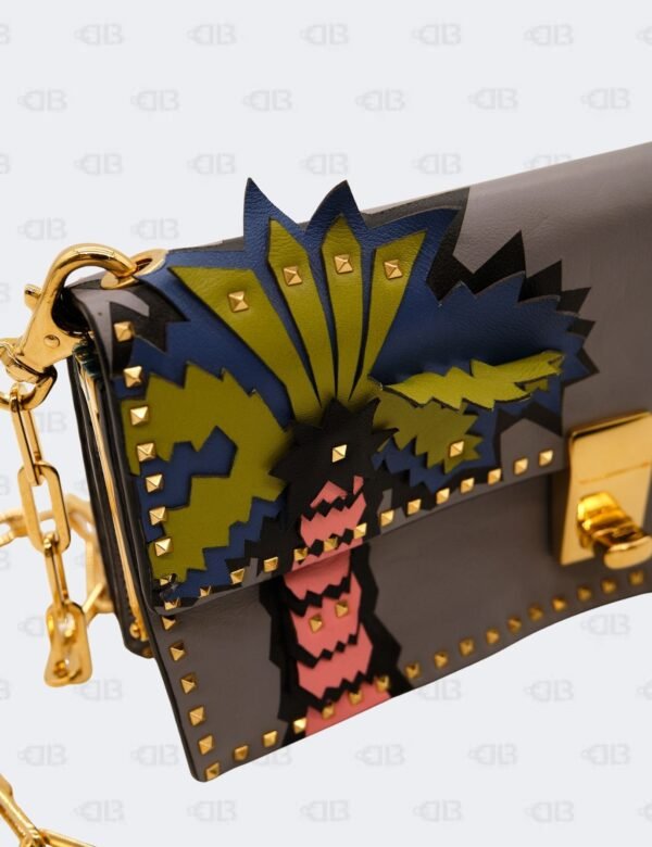 Valentino Garavani Grey Leather Appliques Gold Micro Rockstud Crossbody Bag