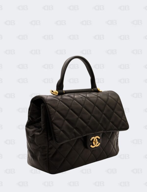 Chanel Black Quilted Calfskin Leather Gold Bar Flap Top Handle