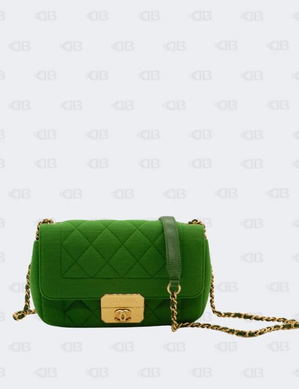 Chanel Green Matelasse Cottom Jersey Leather Single Flap Shoulder Bag