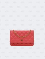 Chanel Coral Red Quilted Caviar Classic Wallet On Chain