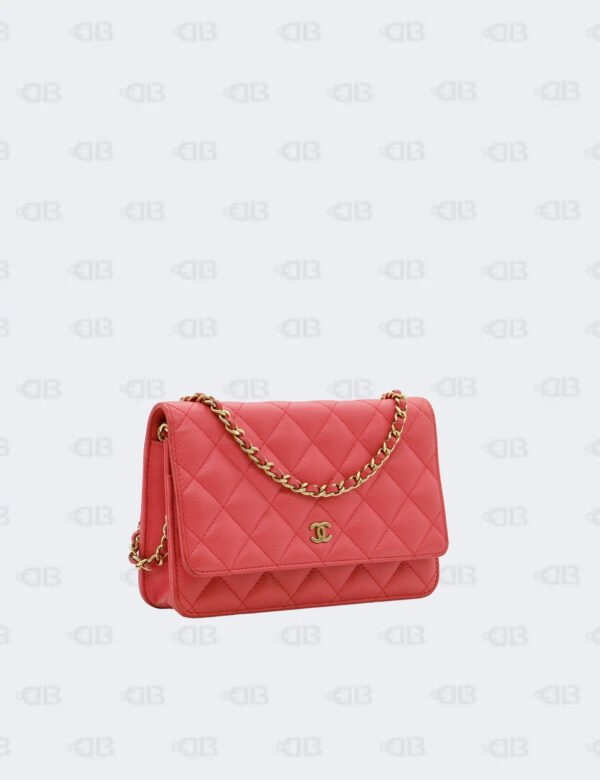 Chanel Coral Red Quilted Caviar Classic Wallet On Chain