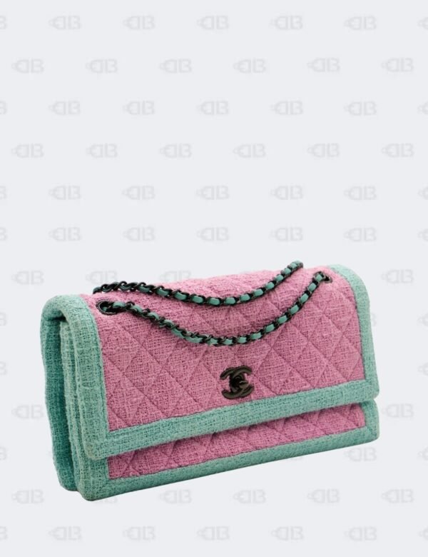 Chanel Pink/Blue Quilted Tweed Leather East West Flap Bag
