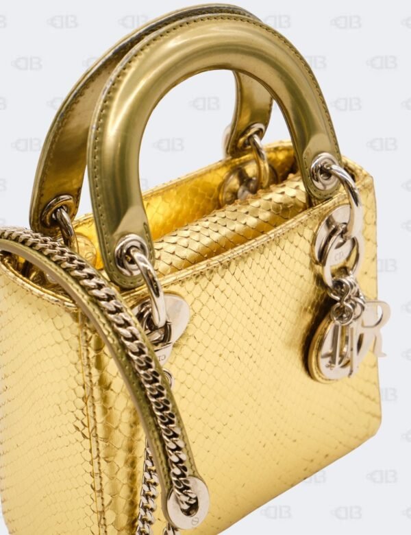 Christian Dior Mini Metallic Gold Python Leather Lady Dior Bag