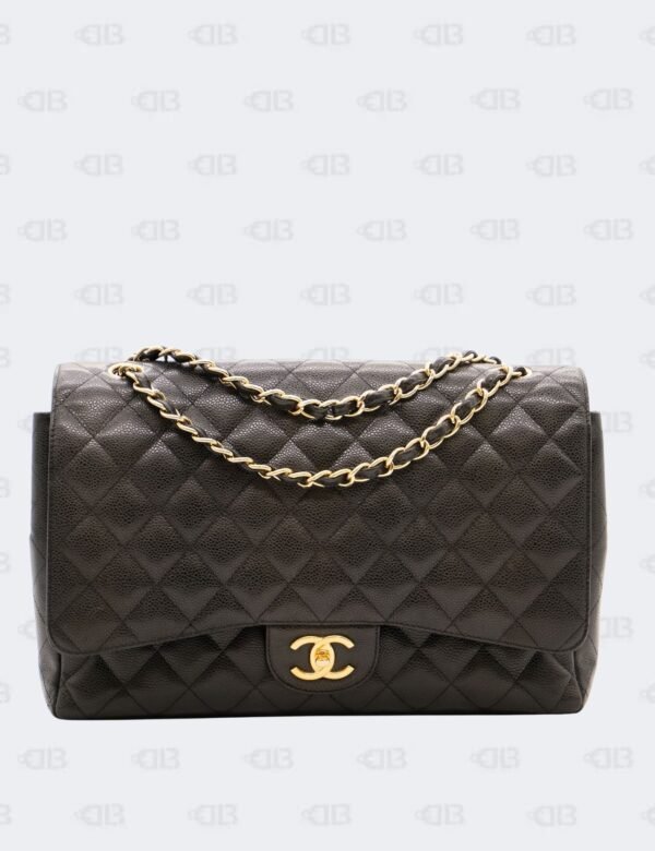 Chanel Black Quilted Caviar Leather Maxi Classic Double Flap Bag in Gold Hardware