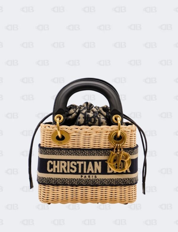 Christian Dior Mini Blue/Natural Rattan and Canvas Leather Lady Dior Bag