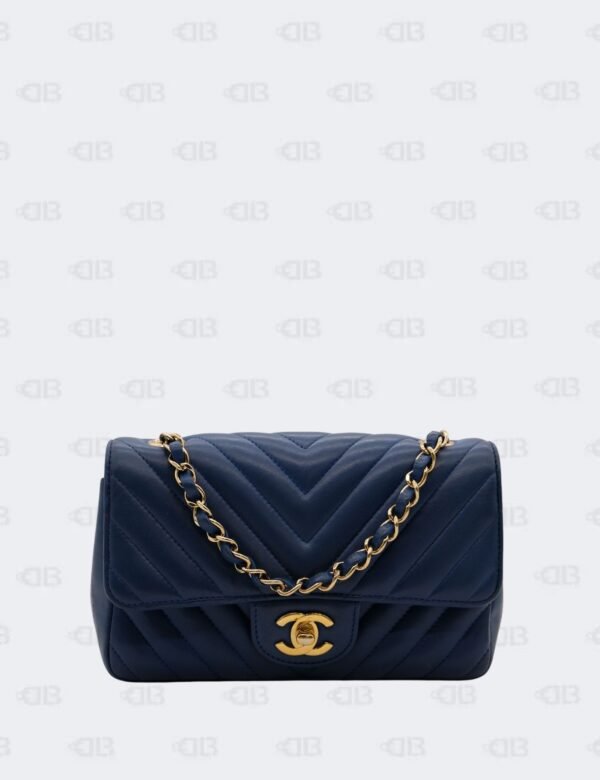Chanel Blue Mini Rectangular Chevron Classic Single Flap Bag