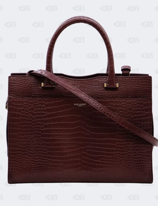 Ysl Burgundy Uptown Tote Bag In Croco - Embossed Leather