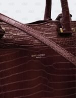 Ysl Burgundy Uptown Tote Bag In Croco - Embossed Leather