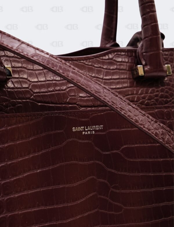 Ysl Burgundy Uptown Tote Bag In Croco - Embossed Leather