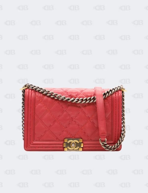 Chanel Dark Red Double Stitch Calfskin Leboy Old Medium Two Tone Hardware