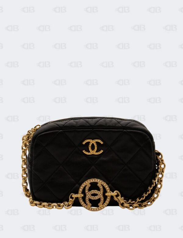 Chanel CC Black Quilted Lambskin Leather Mini Jewel with Pearl Chain Camera Bag
