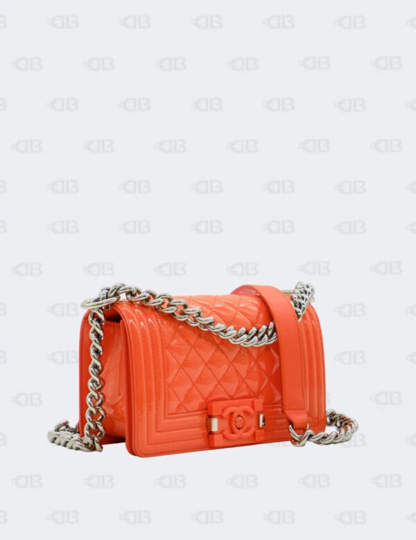Chanel Orange Quilted Patent Leather Small Boy Flap Bag