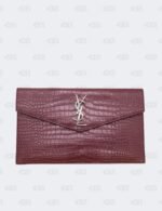 Ysl Burgundy Uptown Clutch In Croco - Embossed Leather