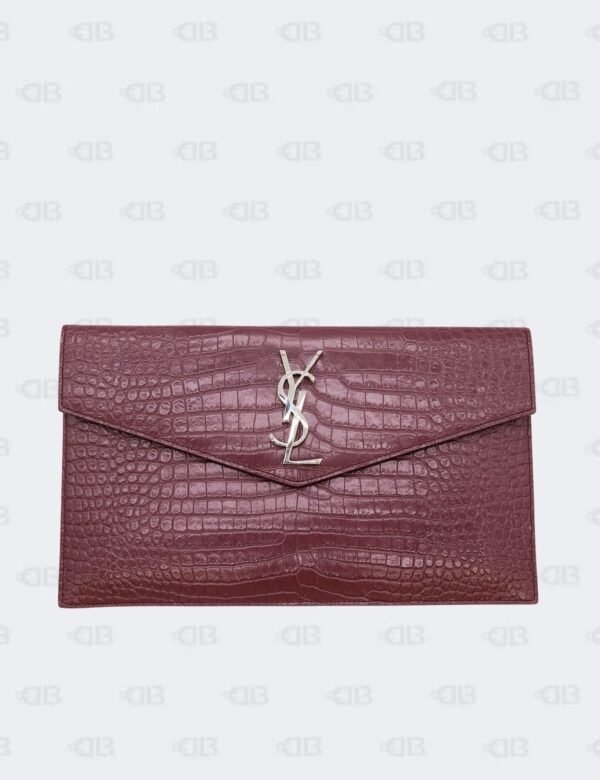 Ysl Burgundy Uptown Clutch In Croco - Embossed Leather