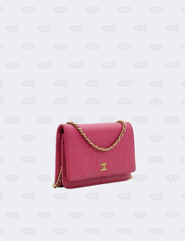 Chanel Lambskin Pink Embossed Camellia Wallet On Chain
