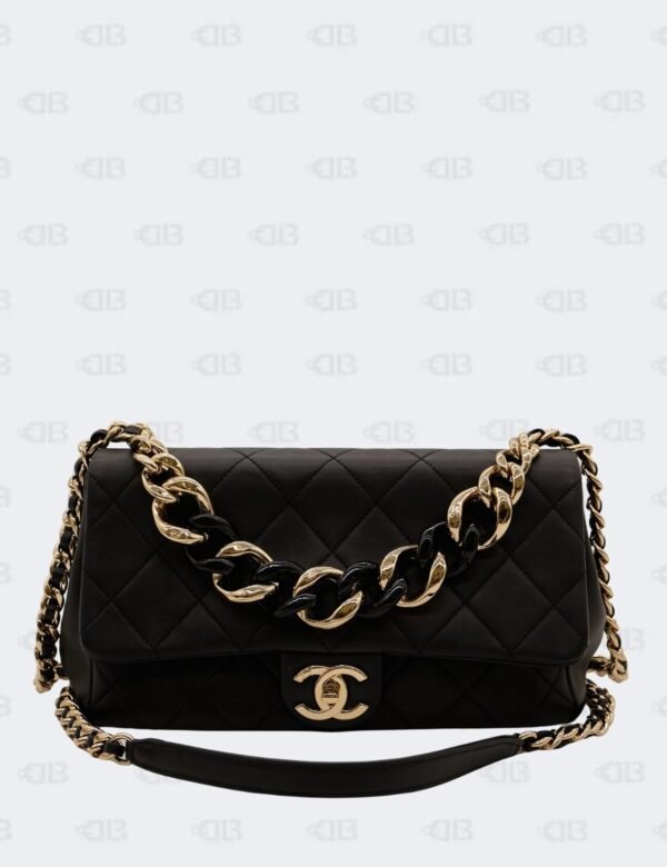 Chanel Black Quilted Lambskin Leather Resin Bi-color Large Chain Flap Bag