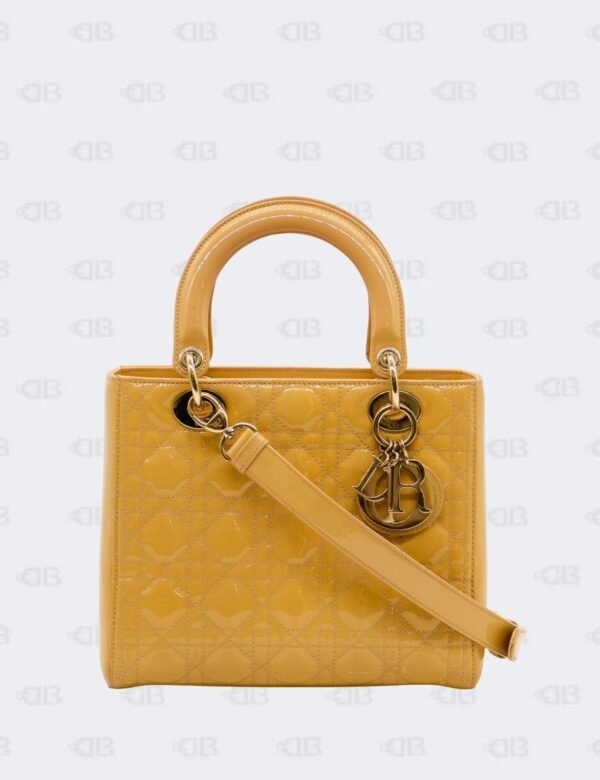 Christian Dior Medium Yellow Cannage Patent Leather Lady Dior Tote Bag
