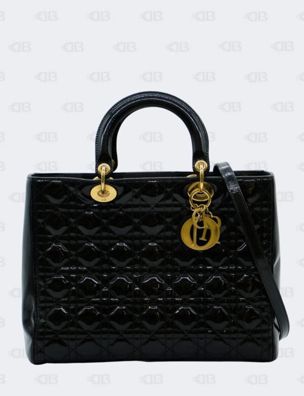 Christian Dior Large Black Cannage Patent Leather Lady Dior Tote Bag in GHW