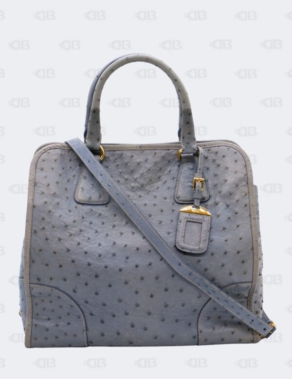 Prada Blue Grey Ostrich Leather 2Way Shopping Tote bag
