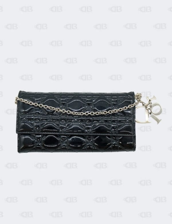 Christian Dior Black Cannage Patent Leather Lady Dior Wallet On Chain