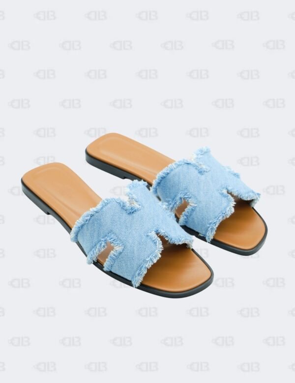Hermes Oran Bleu Clair Denim Fringe Slide Flats Size 39 1/2