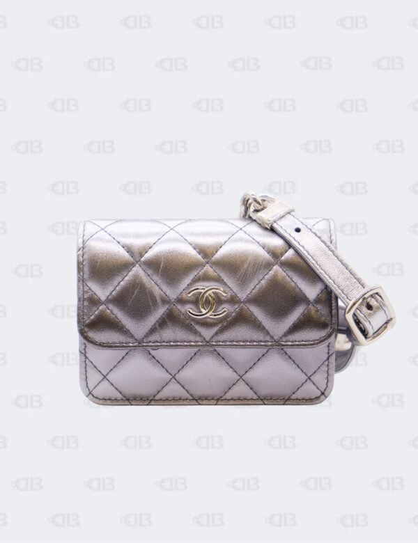 Chanel Metallic Quilted Gradient Silver Clutch with Chain Waist Bag