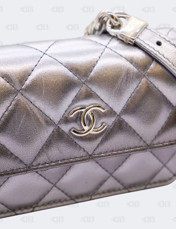 Chanel Metallic Quilted Gradient Silver Clutch with Chain Waist Bag
