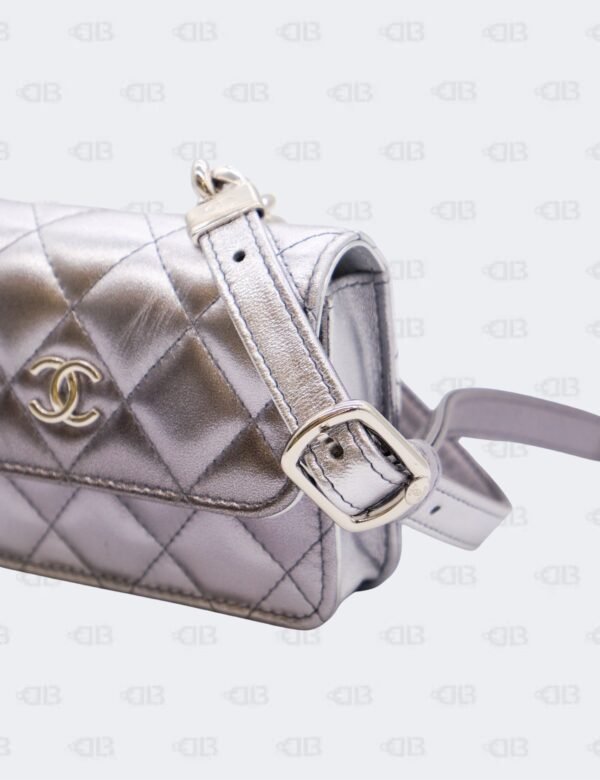 Chanel Metallic Quilted Gradient Silver Clutch with Chain Waist Bag