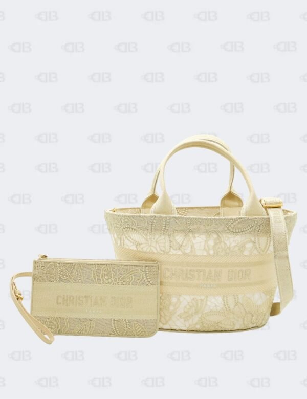 Christian Dior Beige Mesh Embroidered Butterfly Fabric Hat Basket Bag