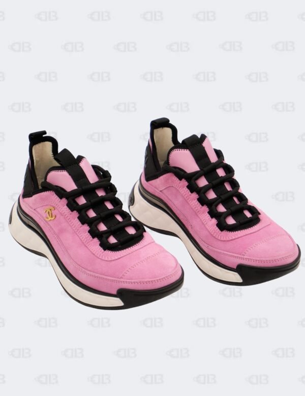 New Chanel CC Pink Suede Calfskin Grosgrain Nylon Sneakers Size 36 1/2