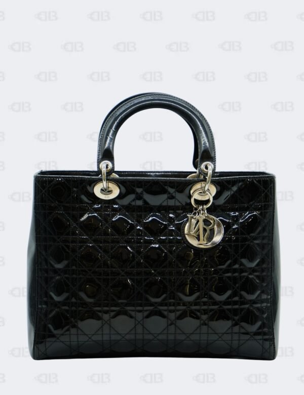 Christian Dior Large Black Cannage Patent Leather Lady Dior Tote Bag in SHW