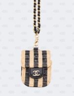 Chanel Black/Beige Raffia Leather Jute Striped Airpods 1/2 Case