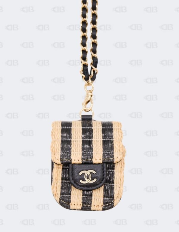 Chanel Black/Beige Raffia Leather Jute Striped Airpods 1/2 Case