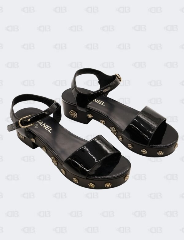 Chanel Black Patent Camellia Embellished Open Toe Sandals Size 39
