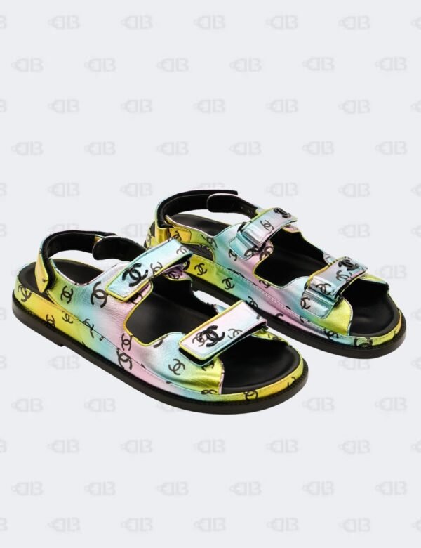New Chanel CC Laminated Printed Multicolour Metallic Dad Sandals Size 42C