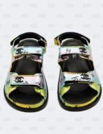 New Chanel CC Laminated Printed Multicolour Metallic Dad Sandals Size 42C