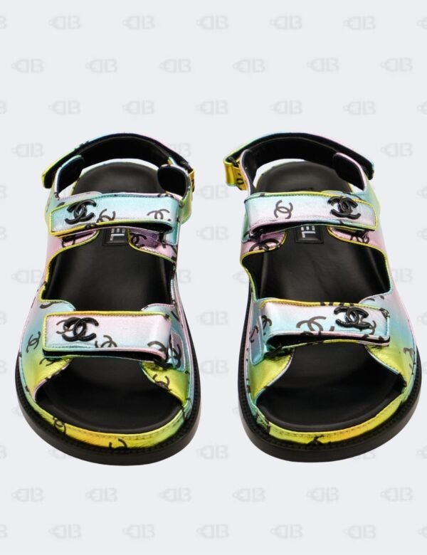 New Chanel CC Laminated Printed Multicolour Metallic Dad Sandals Size 42C