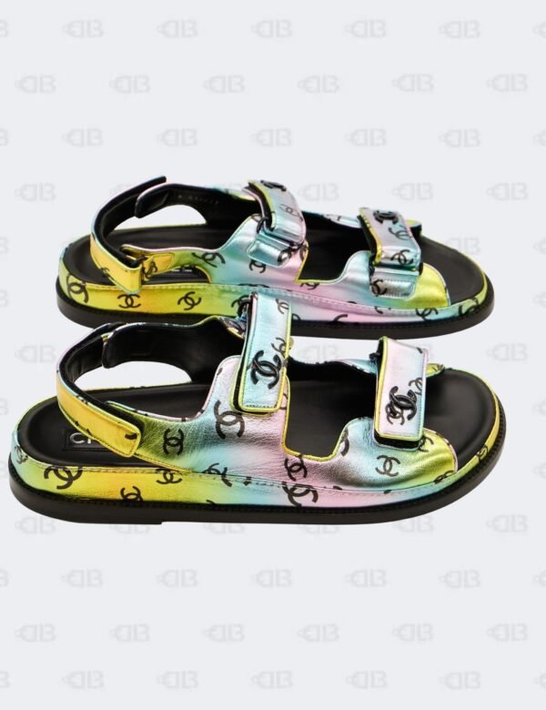 New Chanel CC Laminated Printed Multicolour Metallic Dad Sandals Size 42C